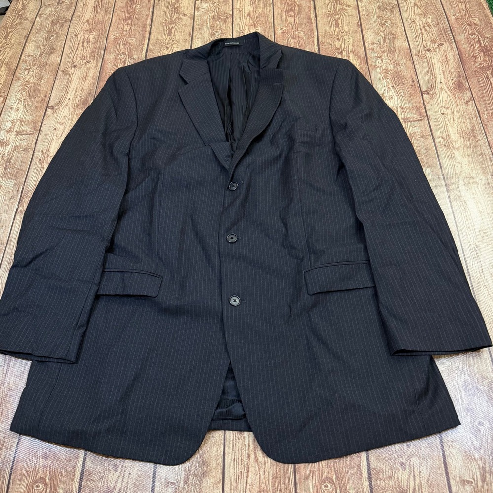 Calvin Klein Pinstripe Suit Jacket Mens 44 Long Black Wool Three Button